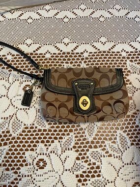 Coach Brown Tan Signature Canvas Turnlock Wristlet
